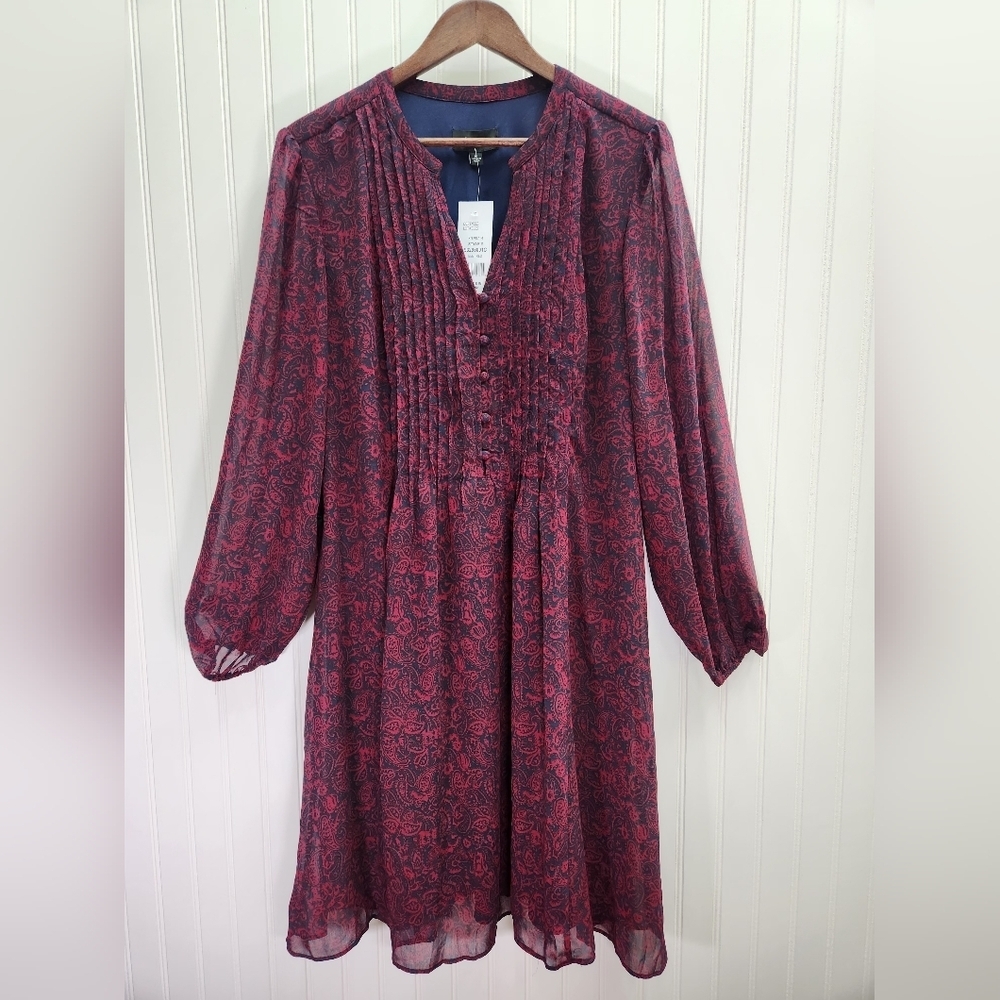 MSK Long Sleeve Paisley Dress - Red and Blue Pleated Neckline Size 16 NWT - Picture 2 of 11